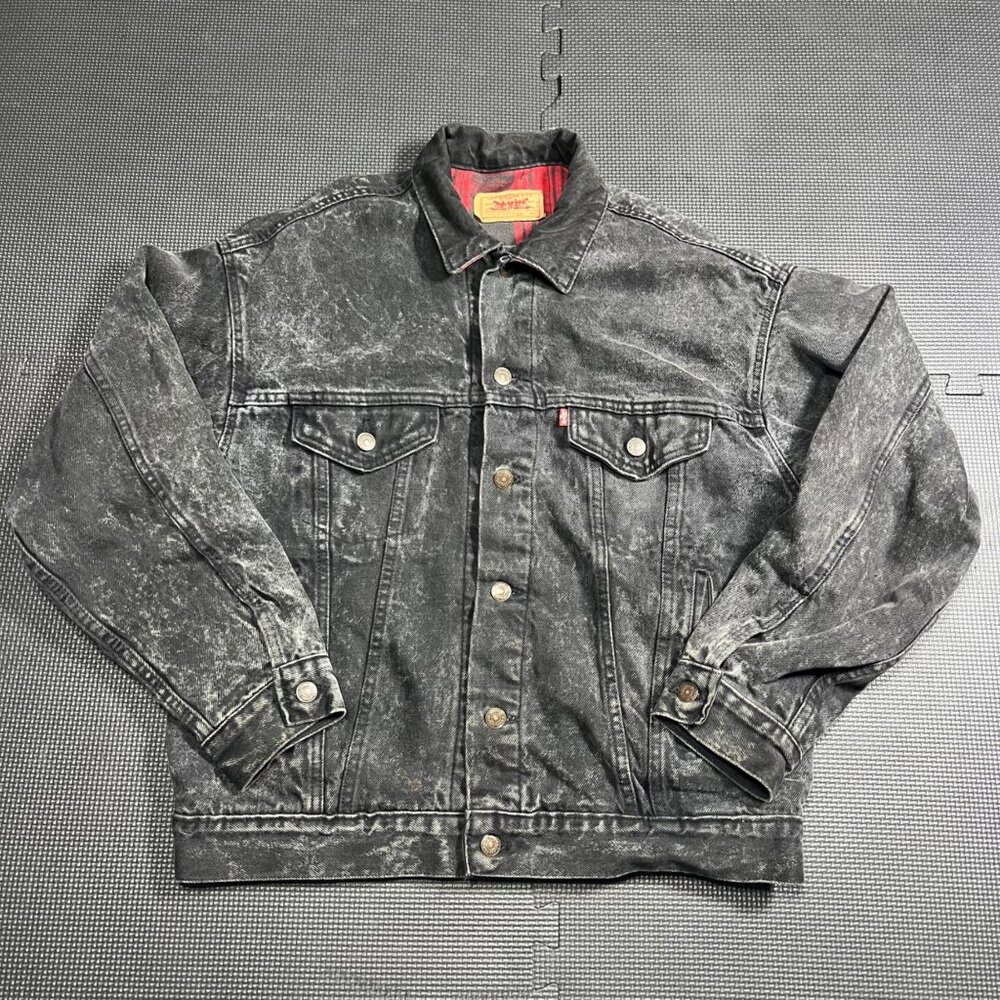 Levis Vintage1987 Acid Wash Denim Jacket Red Plaid Lining Made In USA Size M - Picture 1 of 10